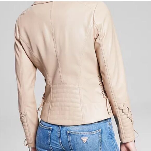 GUESS Women's Faux-Leather Asymmetric Moto Coat leather jacket  size XXL latte - Picture 3 of 10